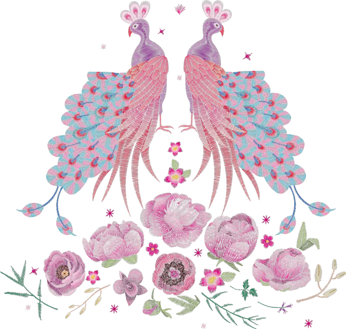 Mirrored Pink Peacocks over Peony Base